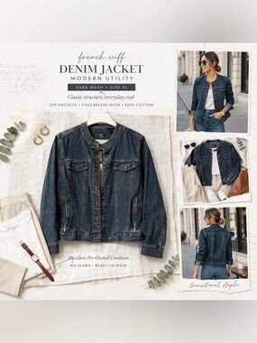 French Cuff Denim Jacket XL Dark Wash Zip Pocket Cotton Jacket EUC